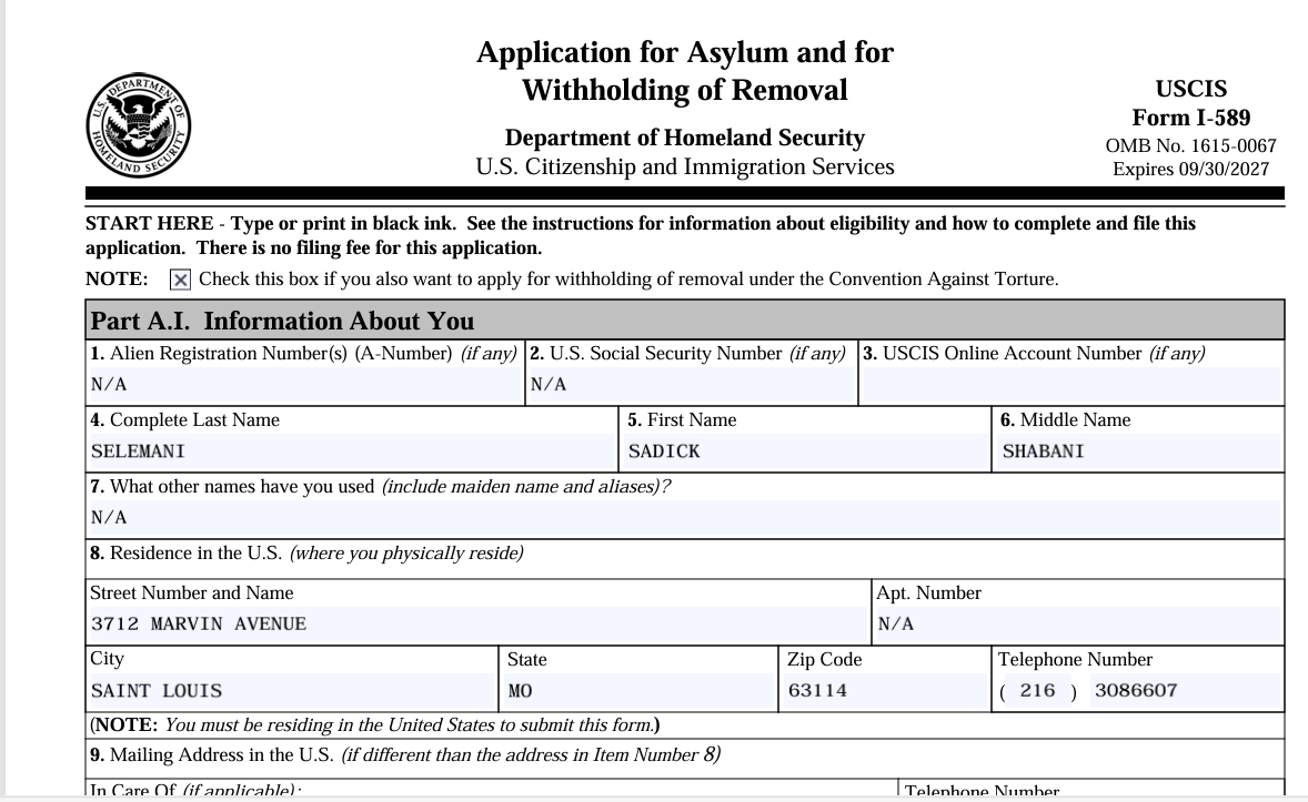 Sample Completed Form I-589 