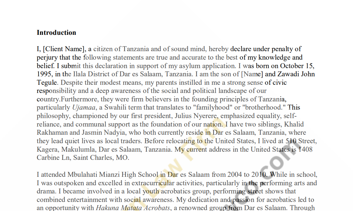 Sample Asylum Personal Declaration or Affidavit in Support of Asylum Application. 